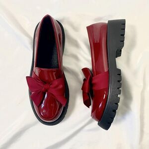 Y2K Chunky Cherry Red Faux Patent Leather Bow Platform Loafers / Oxfords US 9.5